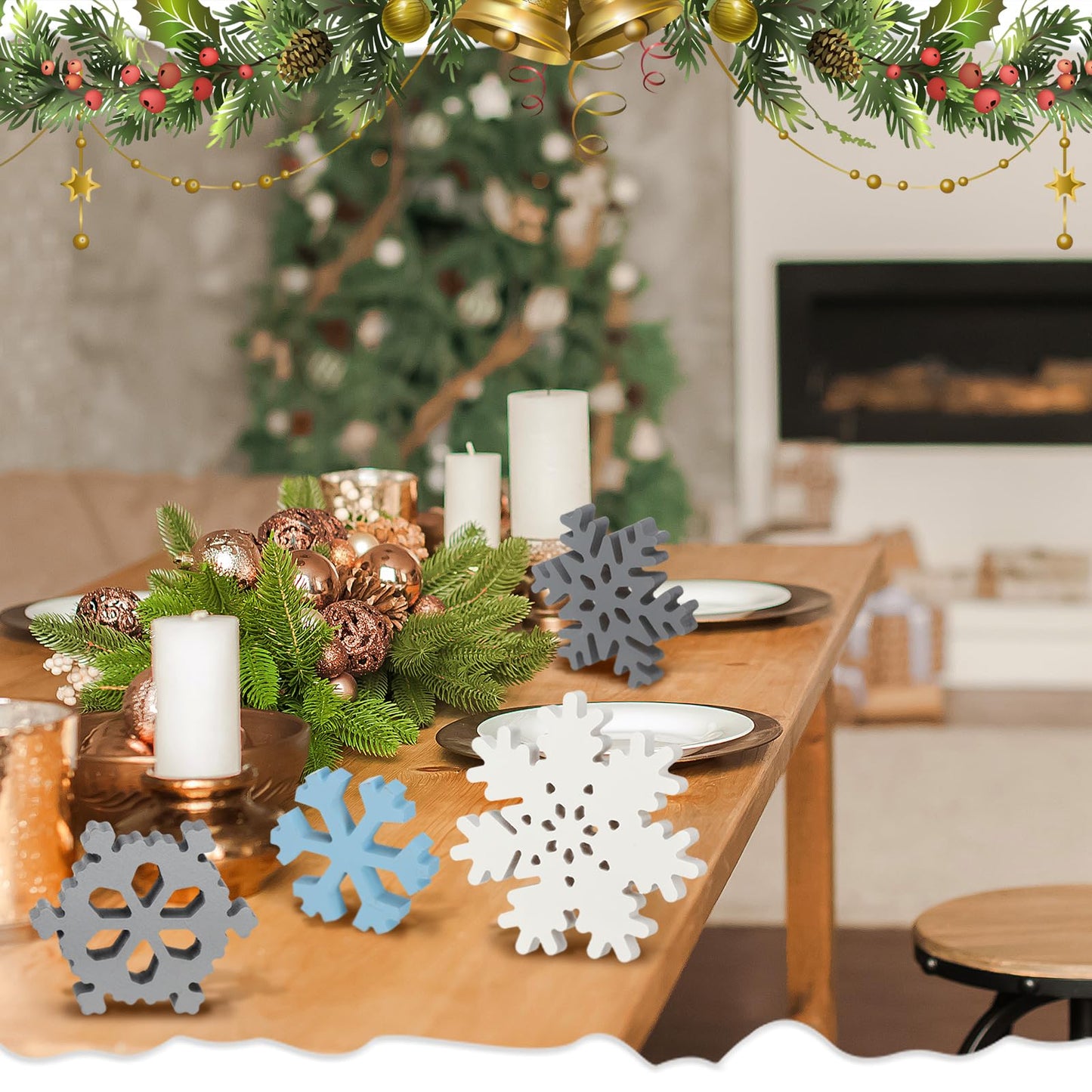 Kajaia 9 Pcs Winter Wooden Snowflake Decor Winter Wood Snowflake Block White Gray Blue Snowflakes Decorations Table Decor Christmas Standing Sign for Xmas Fireplace Mantel Home