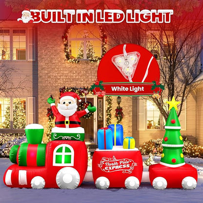 10 FT Deluxe Christmas Inflatables Train with Santa Claus, Gift Box, Christmas Tress, Built-in LED Lights, Blow Up Lovely Train Carriage for Christmas Party Holiday, Outdoor Garden Lawn Yard Decor