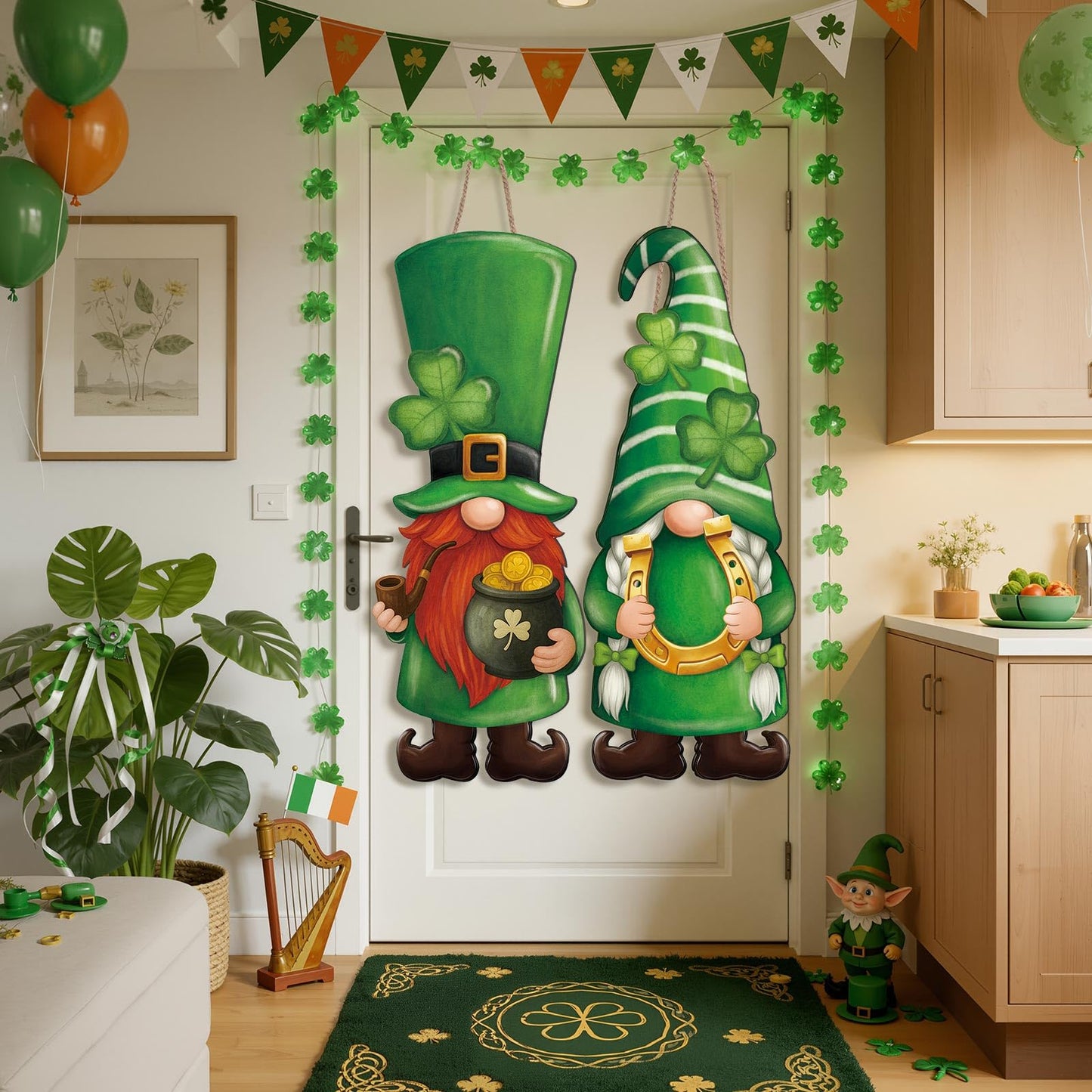 Thyle 2 Pcs Wooden St. Patrick's Day Gnomes Sign 32.3 x 12.2 Inch Irish Hanging Gnomes Front Door Decor Shamrock Lucky Green Hanger for Outdoor Indoor Front Porch Home Wall Supplies