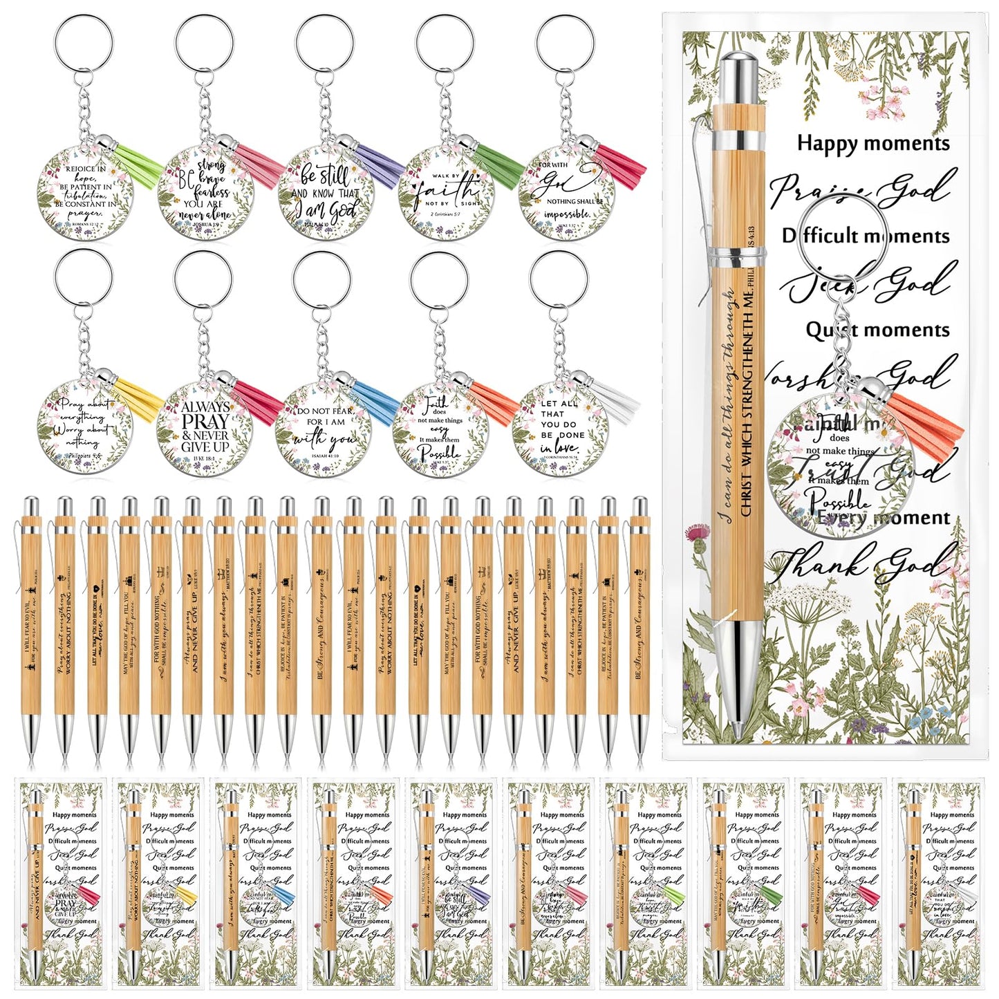 Spakon 10 Sets Fathers Day Christian Gifts Bulk Bible Verse Bamboo Pen Christian Floral Keychain Inspirational Bookmark Religious Church Gift for Church Members Women Sunday School Teacher (Bible)