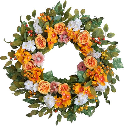 22-inch Fall Wreath Orange Rose Hydrangea Berry Green Leaf Fall Front Door Wreath Indoor Outdoor Decoration Thanksgiving Harvest Festival Party Wedding Office Decoration