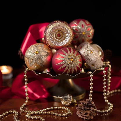 Valery Madelyn Glass Christmas Ornaments Set, 10ct Red Gold Mercury Blown Large Glass Christmas Tree Ball Decorations, Luxury Hanging Teardrop Finial Faceted Reflector Decor