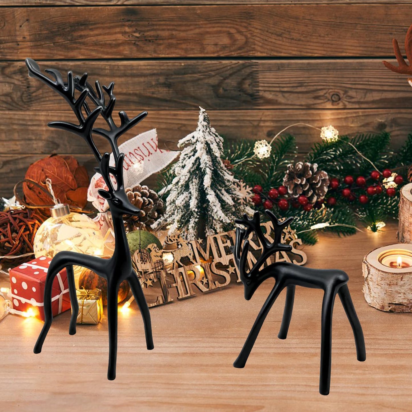 YUNLINGDADA Set of 2 Black Reindeer Christmas Decor, Christmas Decorations, Metal Reindeer Statues, Black Metal C-hristmas R-eindeer Figurine, Ideal for Mantel Living Room Bedroom Office