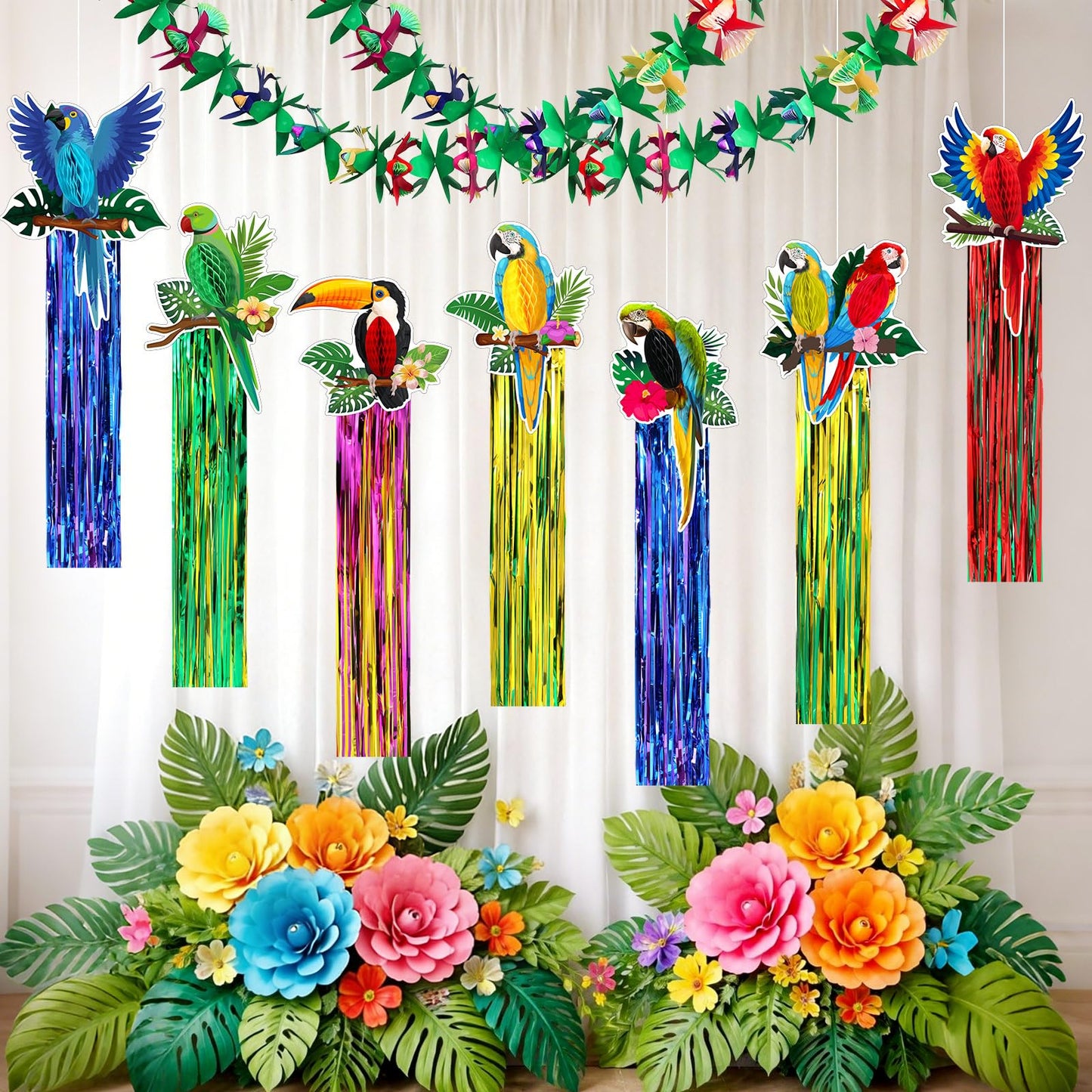 Gemscream 10 Pack 2026vbs Rainforest Tropical Birds Decorations Set Hawaiian Luau Party Supplies Includes 8 Pcs Tassel Hanging Swirls 2 Pcs 6.6ft Tropical Garland Decor for Beach Birds Birthday Party