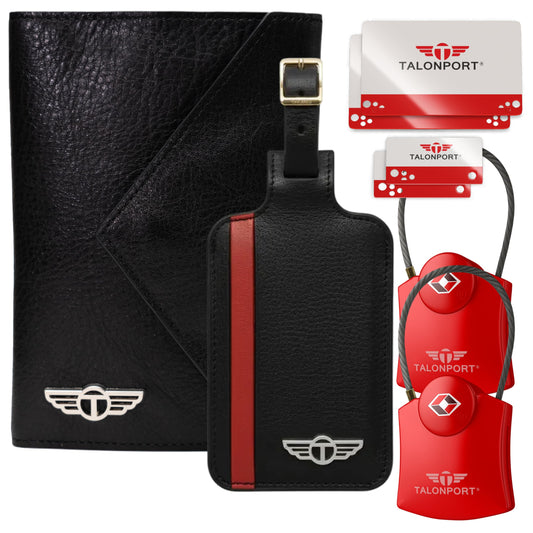 Talonport Ultimate Travel Essentials Bundle – Genuine Leather Luggage Tags (2 Pack), TSA-Approved Keyless Luggage Locks (2 Pack) & Full Grain Leather RFID Passport Holder with Hidden AirTag Pocket