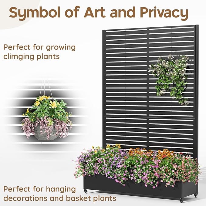 Metal Raised Garden Bed with Trellis & Wheels,72" x 47"x 15.7" Planter Box with Trellis,Privacy Planters for Patio,Garden Bed for Climbing Plants,Suitable for Climbing Plants and Vegetables,Black