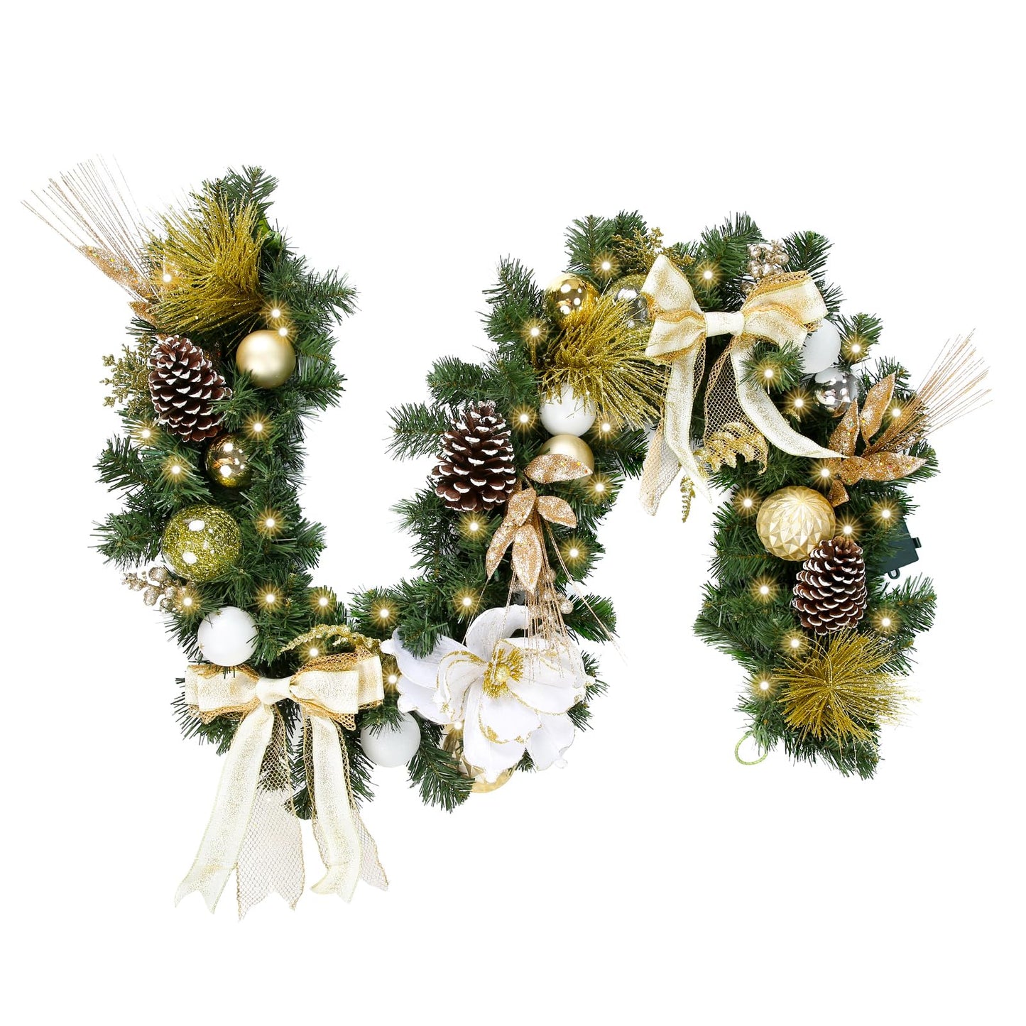 WBHome Pre-lit 6 Feet/72 Inch Christmas Garland, White & Gold Lighted Garland with 35 LED Lights for Indoor Outdoor Xmas Decor Holiday Decorations, Battery Operated (Batteries NOT Included)