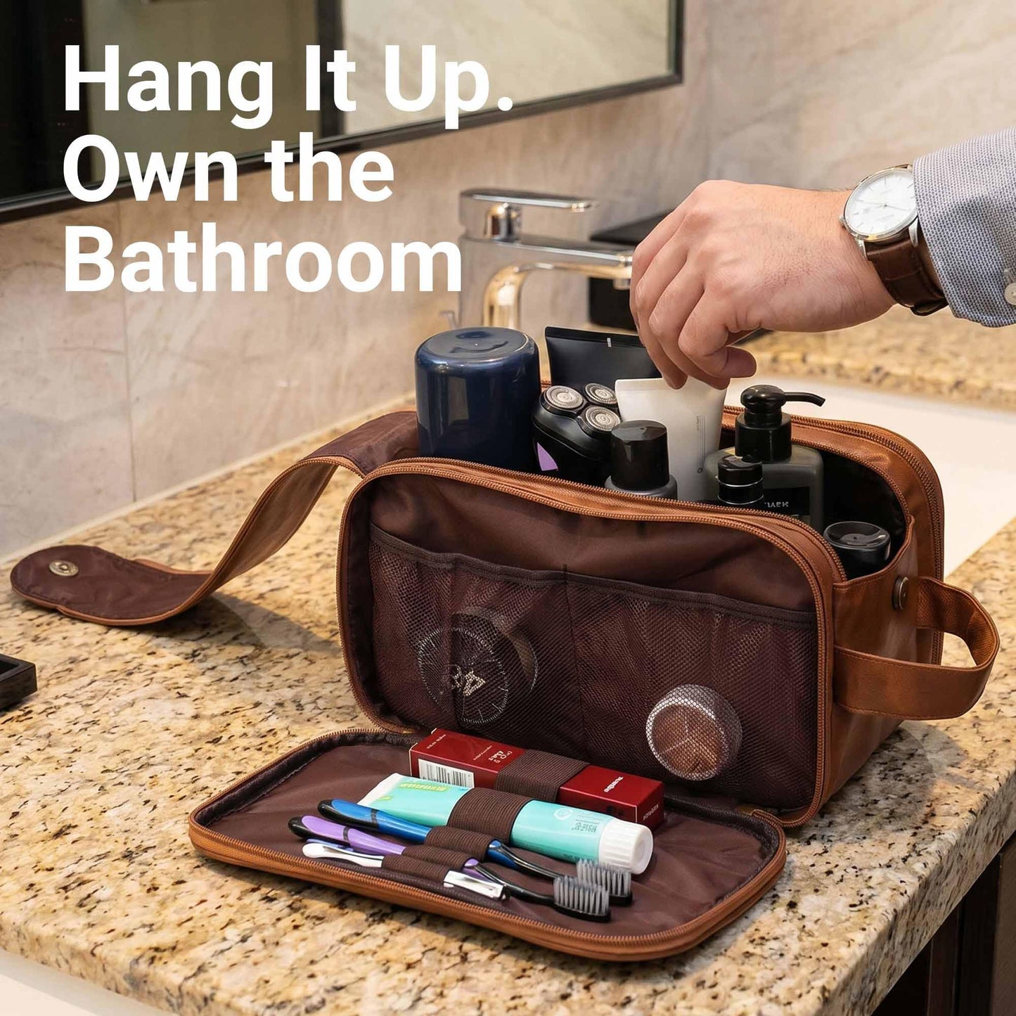 OXYEFEI Men's Travel Toiletry Bag,PU Leather Waterproof Large Travel Shaving Dopp Kit Bag,Include Passport Holder Leather Luggage Tag for Travel Essentials (Light Brown)