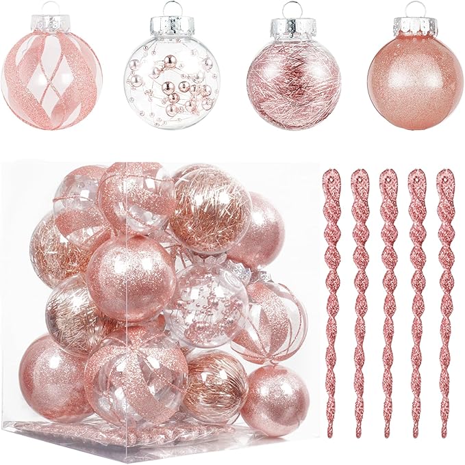 XmasExp 32ct Christmas Ball Ornaments Set -Rose Gold Clear Plastic Shatterproof Xmas Tree Ball Decorations Hanging Baubles for Holiday Decor