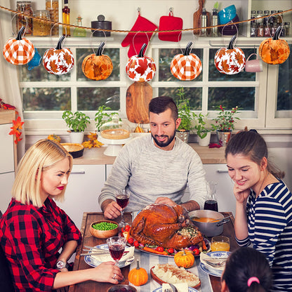 Sfcddtlg 12 Pcs Fall Thanksgiving Day Hanging Pumpkin- Maple Leaf Gingham Fabric Wrapped Hanging Ball Ornament for Farmhouse Fall Autumn Thanksgiving Party Home Décor
