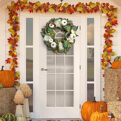 18 Inch Summer Wreaths for Front Door and Leaves Spring Door Wreath with Hydrangea and Maple, Artificial Floral Wreath for Porch, Window Farmhouse Party Holiday Home Decor
