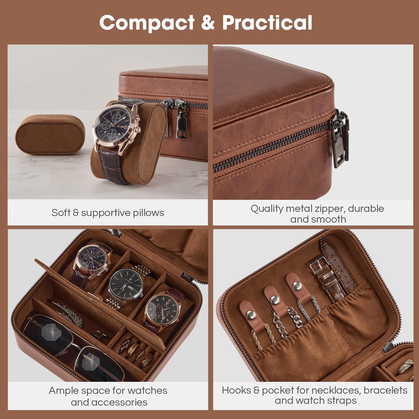 ProCase Travel Watch Case, 3 Slots PU Leather Mens Jewelry Box, Portable Watches Cufflinks Accessories Storage Case, Zippered Carrying Organizer Bag for Man -Lightbrown