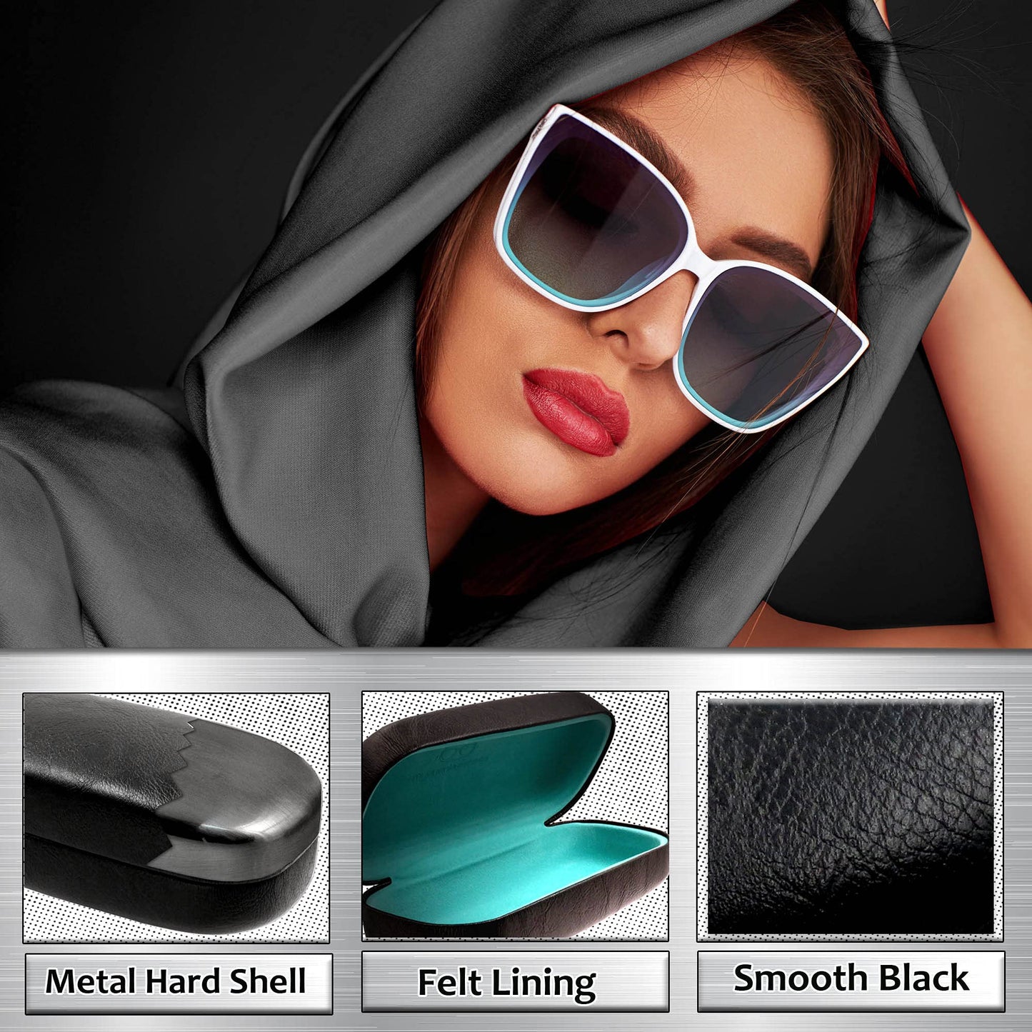 MyEyeglassCase EXTRA LARGE case for straight Rectangle in Distressed Leather-Like Glasses Case – Over size Sunglass Holder Hard Shell durable and safe – Includes Pouch & Cloth (AS505 Black/Teal)