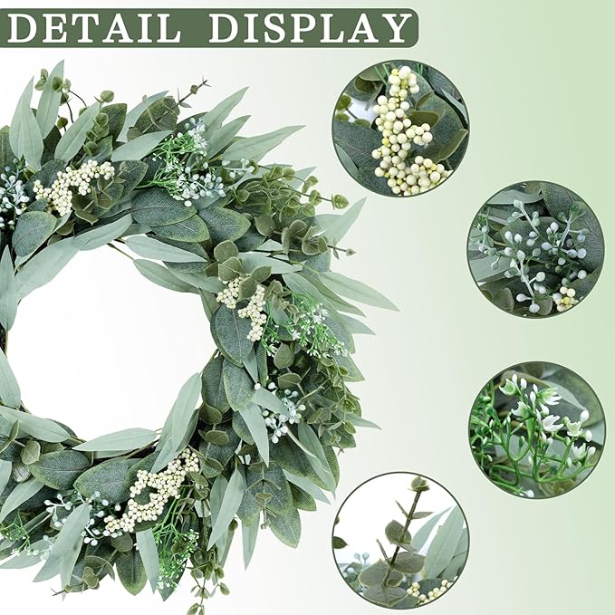 Eucalyptus Wreaths 22" Large Artificial Greenery Outdoor/Indoor Wreath Spring/Summer Wreath Green Wreaths for Front Door Porch Window Wall Hanging Decor All Year Round Wre-ath（Green）