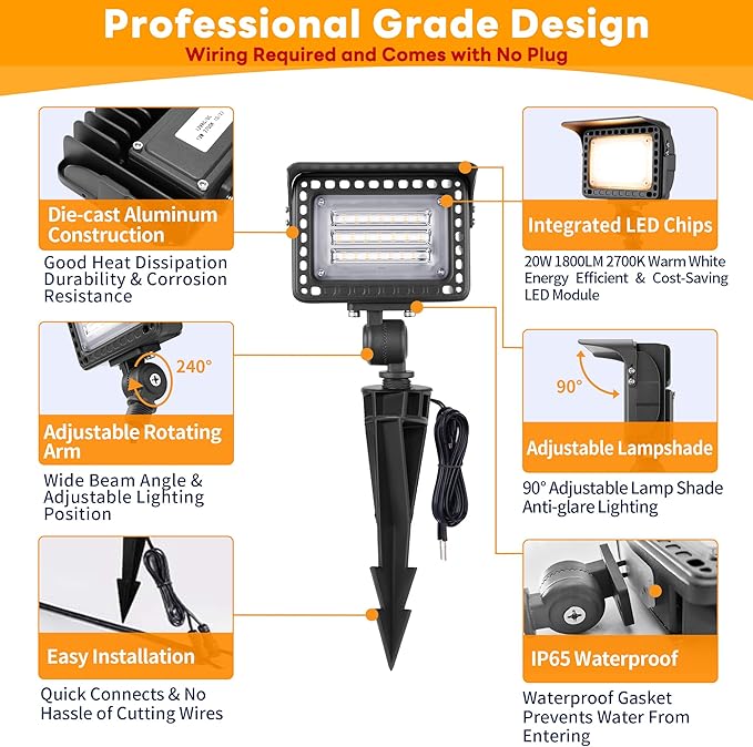 Gardenreet Landscape Flood Lights Outdoor - 20W Low Voltage LED Wall Wash Light, 12V IP65 Waterproof Aluminum Brown, Warm White Hardwired Angle Adjustable Wide Beam for Yard Patio Sign House