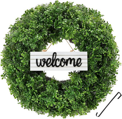 24" Wreath, Artificial Boxwood Wreaths for Front Door, Spring and Summer Wreath, Used for Spring Home Decor,Farmhouse or Room Indoors,Outdoors, corridors, Offices (Green)
