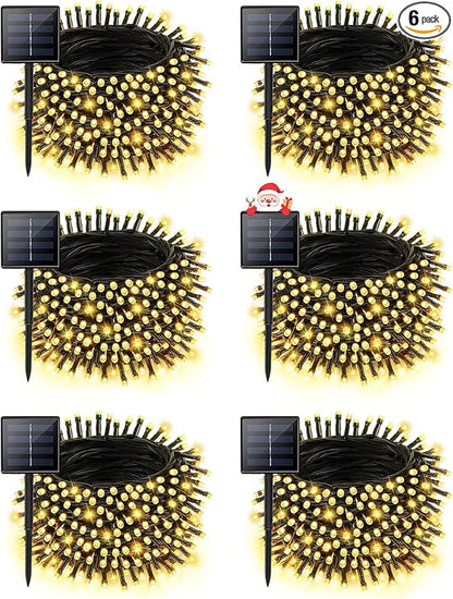6 Pack Christmas Solar String Lights Outdoor Waterproof, 198FT 600 LED Green Wire Solar Fairy Lights with 8 Modes, Solar Twinkle Lights for Garden Tree Patio Fence Christmas Decorations (Warm White)