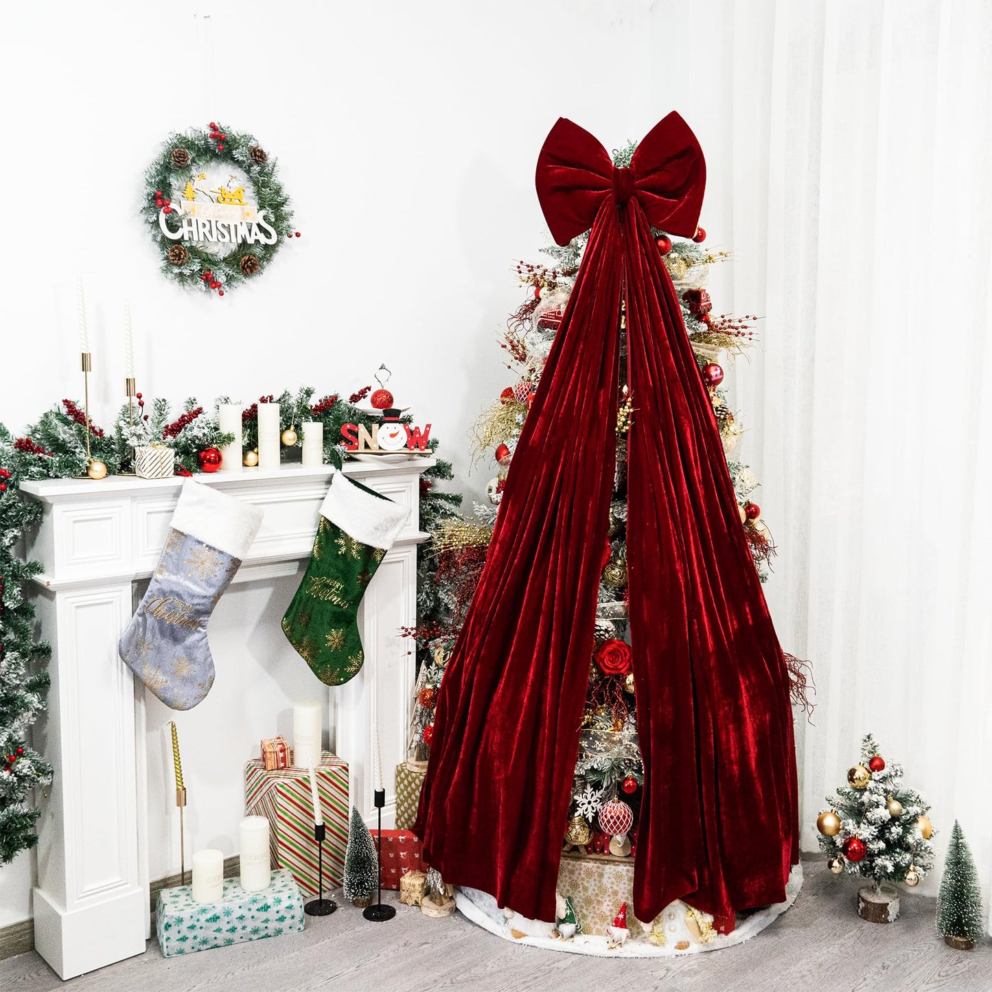 Hismir Christmas Tree Topper Bow，67x16 Inch Velvet Extra Large Room Decor Ribbon Bow for Wedding Engagement Birthday Party，Giant Xmas Bow Decorations for Home Wreath Door Wall(Burgundy)