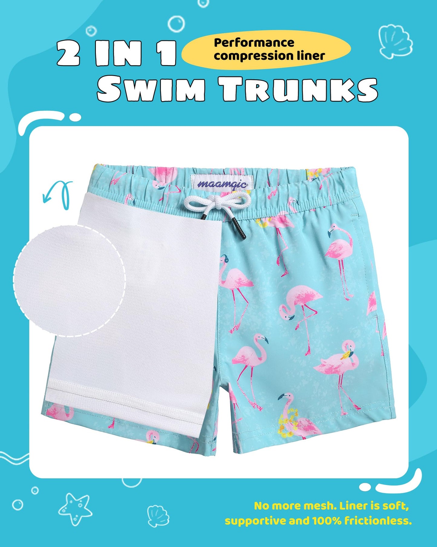 maamgic Boys Swim Trunks with Compression Liner Toddler Stretch Swim Shorts Quick Dry Swimming Trunks Boxer Brief 2 in 1 Beach Shorts Blue Doggy 14/16
