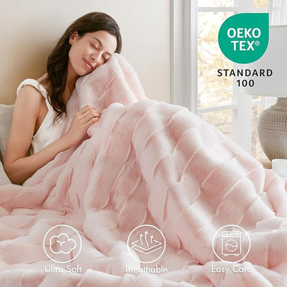 Madison Park Luxuriously Cozy Soft Long Faux Fur Basketweave Blanket, Reversible Soft & Snuggly Velvet Throw, Lightweight, Breathable, All Season, Trendy Room Décor, 50x60, Pink