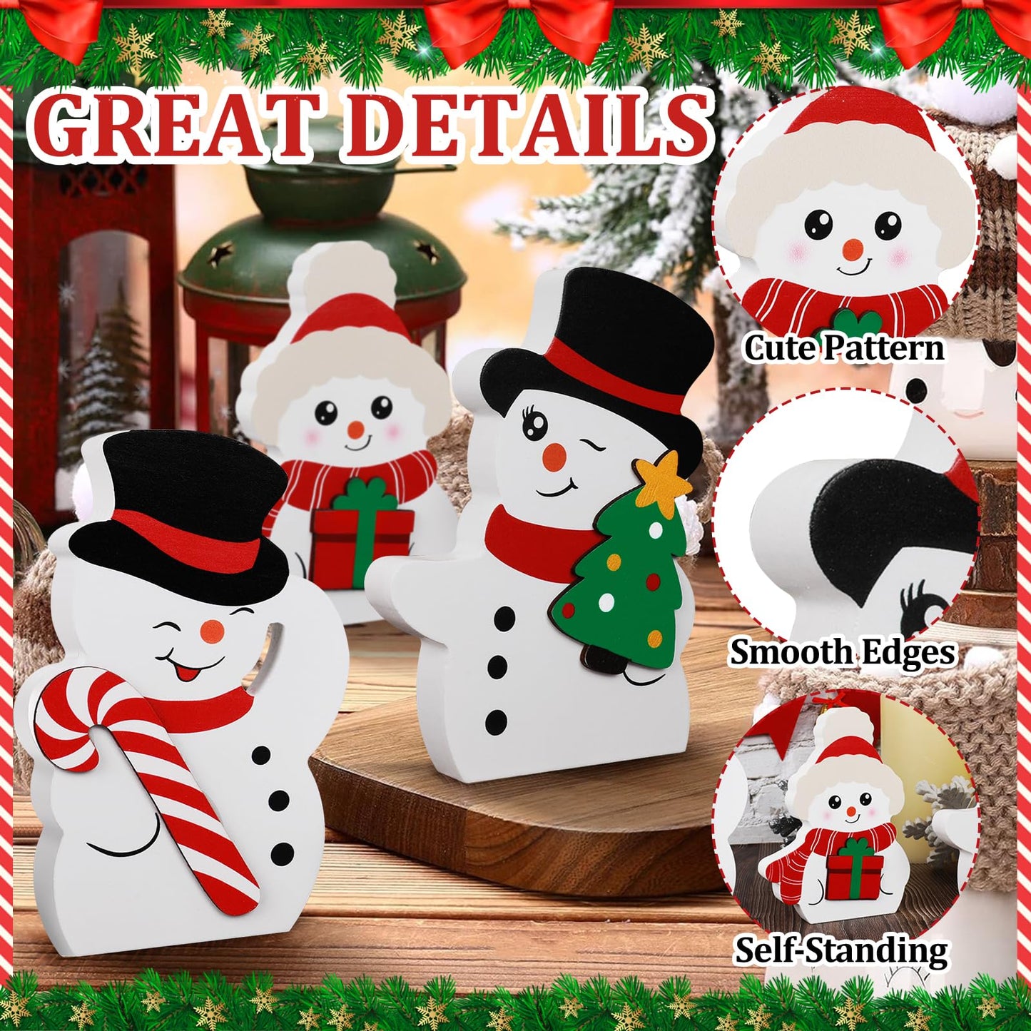 COCHIE Snowman Christmas Decorations Indoor, Cute Winter Tiered Tray Decor Set of 3, Wooden Snowman Blocks Xmas Table Decoration for Party Home Office Shelf Door (Peppermint Candy Canes)