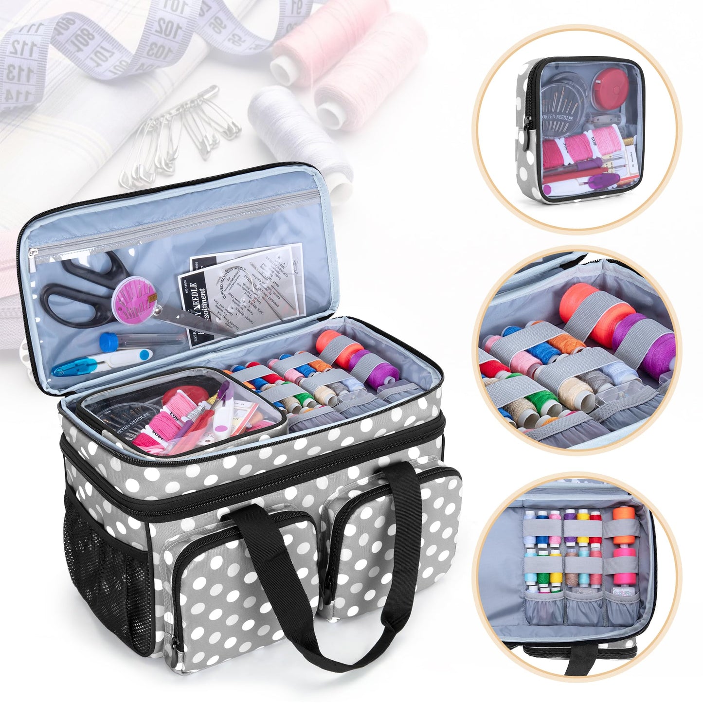 BAFASO Large Sewing Organizer Bag with an Individual Pouch and Detachable Dividers, 2 Layers Sewing Storage Bag for Sewing Supplies(Bag Only), Polka Dots