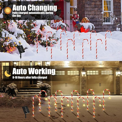 Christmas Decorations, 10 Pcs Christmas Candy Cane Lights with Star, 21'' Solar Pathway Lights with 8 Lighting Modes, Waterproof Garden Lights for Outdoor Christmas Patio Yard Walkway Decorations
