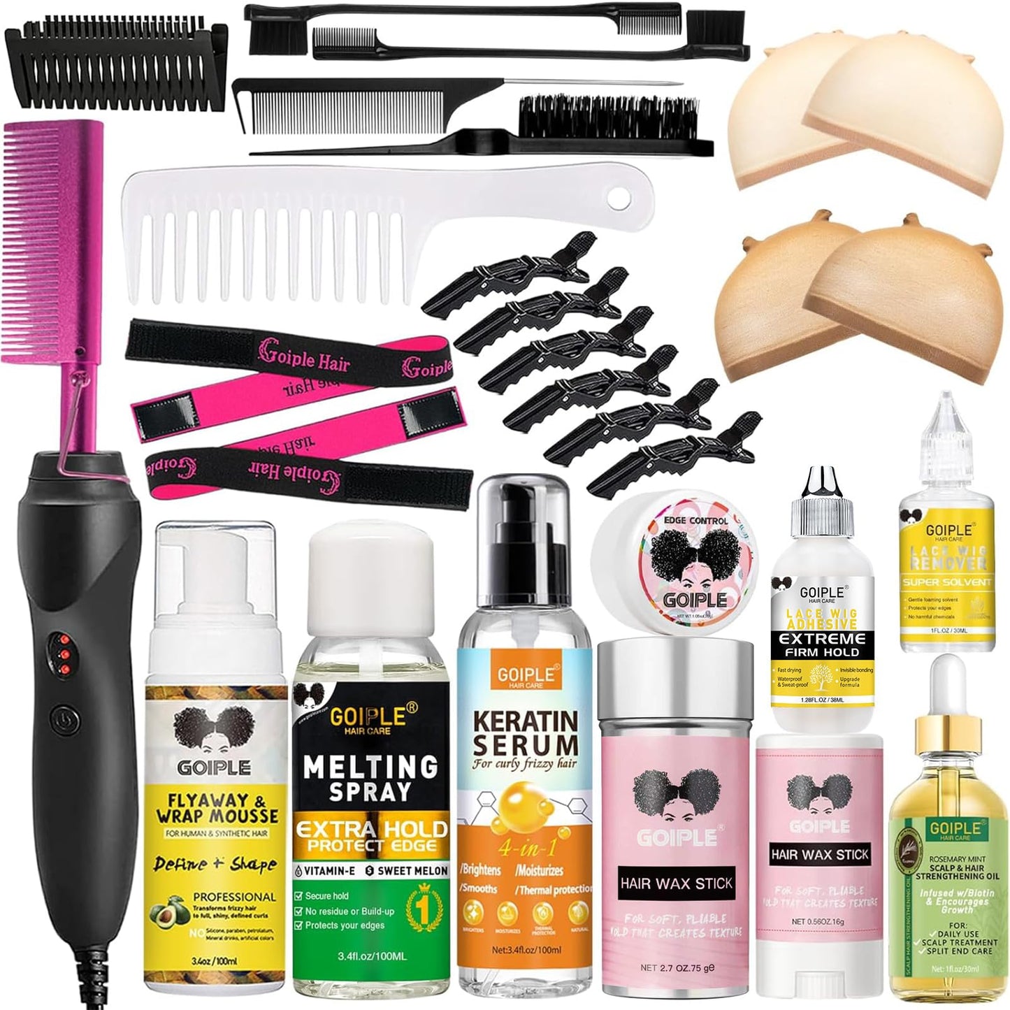 Electric Hot Comb Hair Straightener, Deluxe Electrical Straightening Comb Curling Iron for Natural Black Wigs, Hot Comb Electric for Wigs Pressing Combs with Wig Glue Melting Spray Hair Wax Stick
