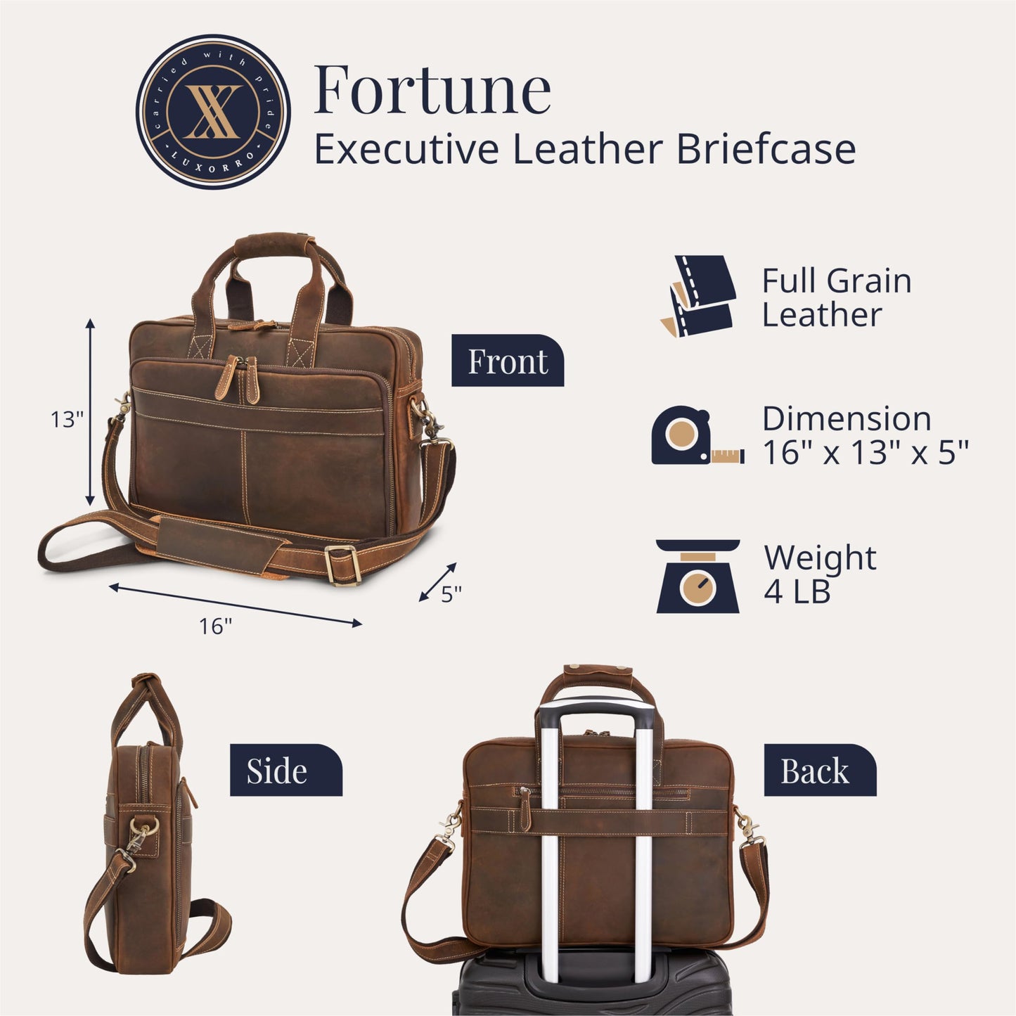 Luxorro Full Grain Leather Briefcase, Handcrafted Laptop Bag with Multiple Compartments, Fits 15.6 Inch Laptop