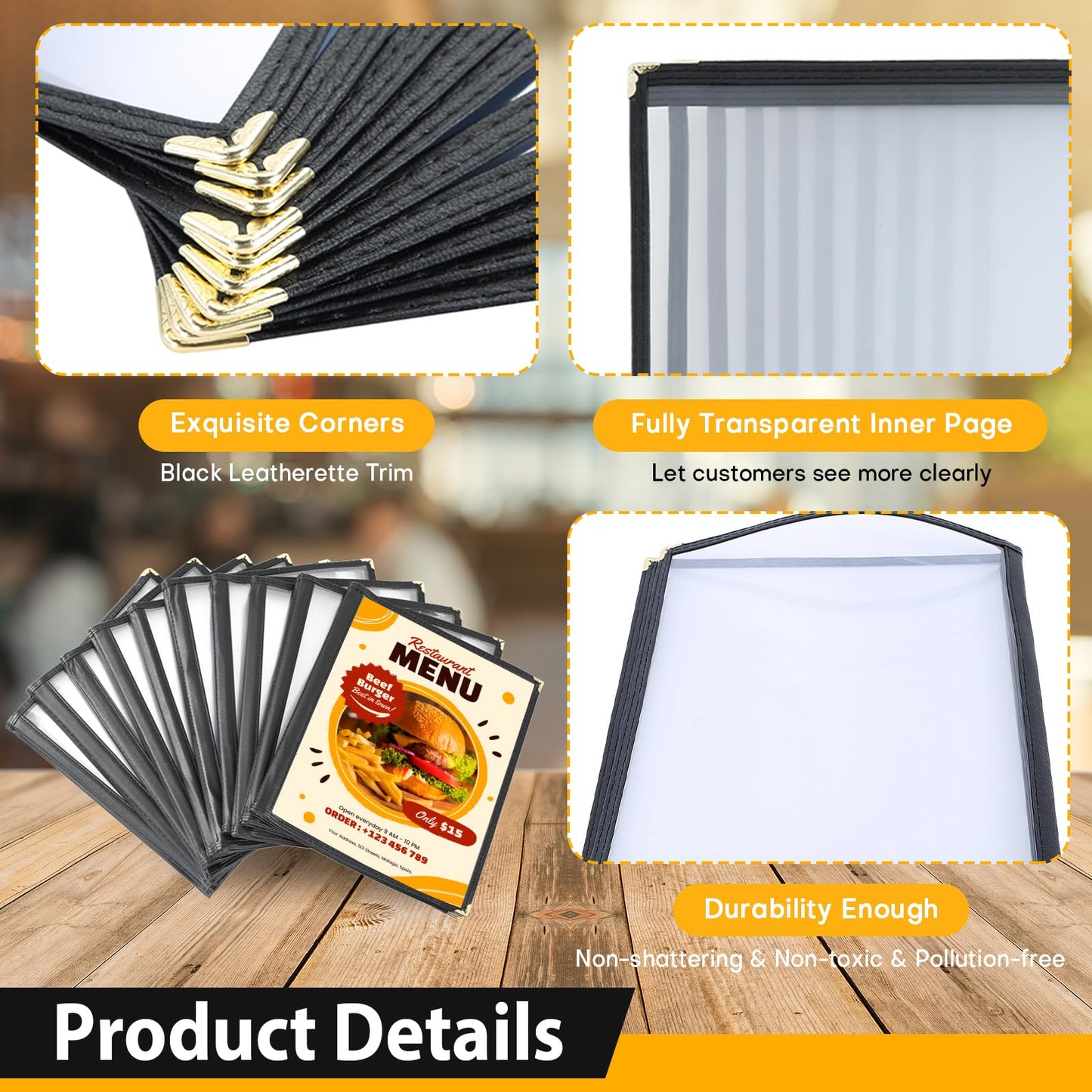 FLKQC Transparent Restaurant Menu Covers 8.5 x 11 | Restaurant Recipe Menu Covers Transparent Restaurant Menu Covers for Kitchen, Drink, Wine Menu Covers Black (10, 6 Page)