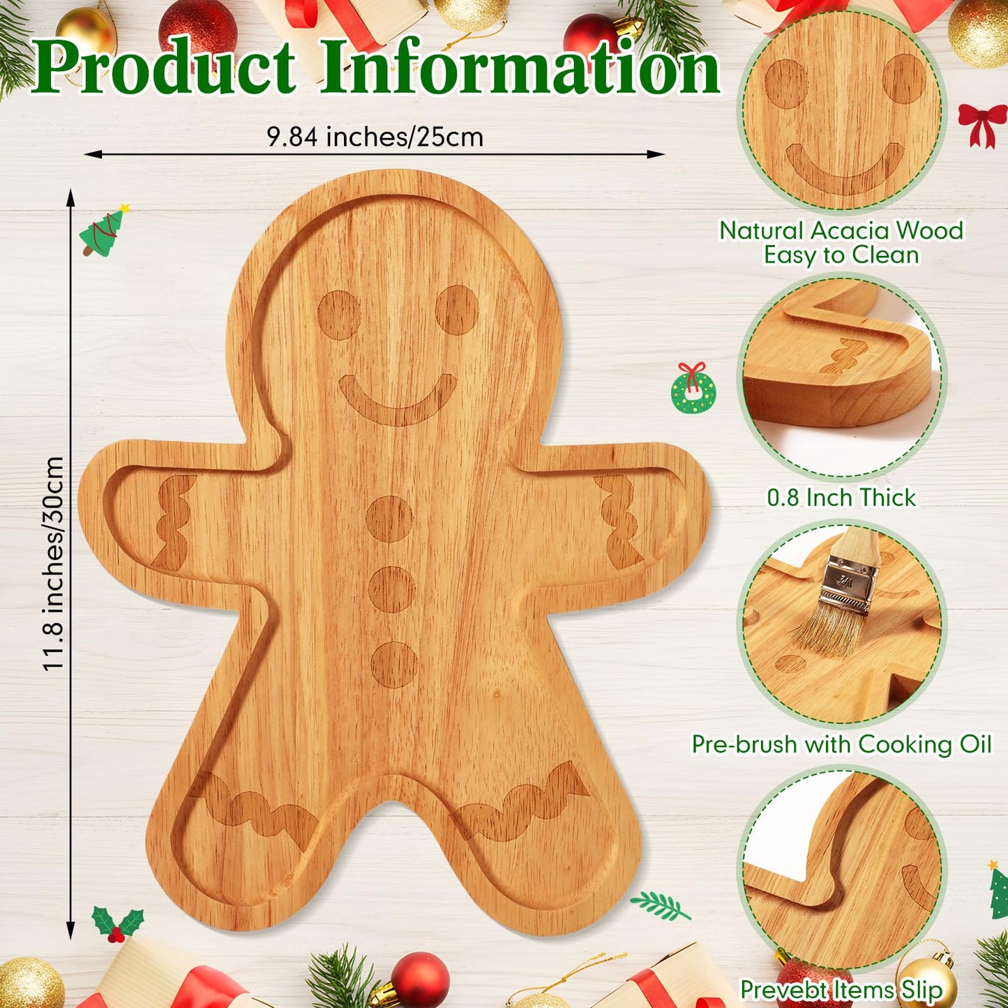 Bokon 12" Gingerbread Christmas Charcuterie Board Wooden Cutting Board Xmas Serving Platter Tray Cookie Plate for Cheese Bread Dessert Fruit, Gift for Christmas Party Holiday Decoration(Rubber Wood)