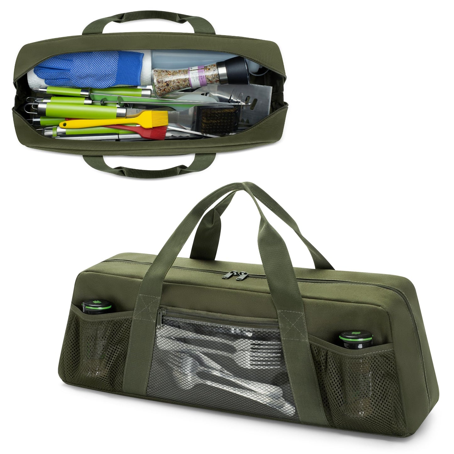 HODRANT Grill Tool Storage Bag, Outdoor BBQ Utensil Holder for Barbecue Tool up to 22", Large Grill Utensil Storage Caddy with Pockets, BBQ Accessories Case Container for Camping, Bag Only, Green