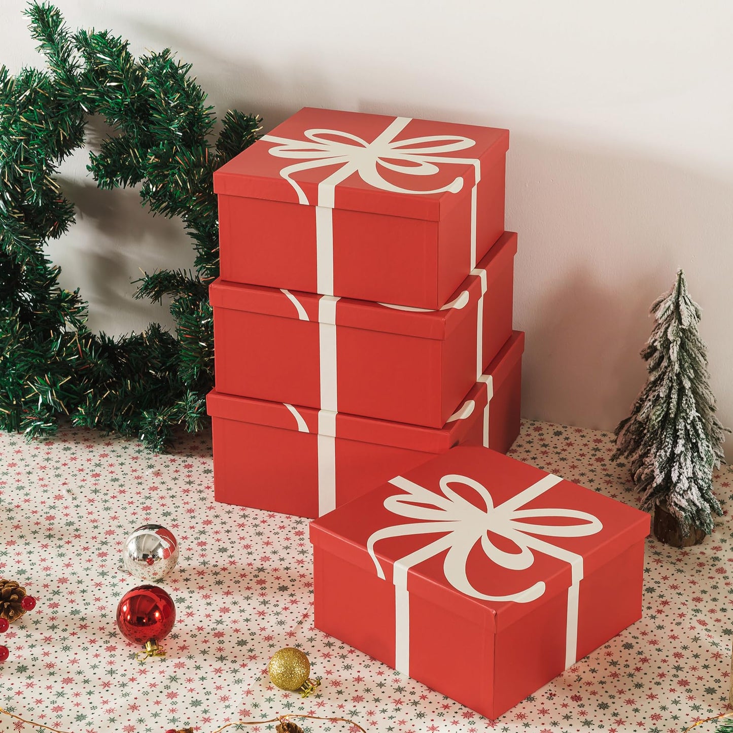 Soul & Lane Christmas Square Decorative Boxes with Lids - Set of 4 - Festive Red, Reusable Large Nesting Holiday Gift Boxes for Presents and Décor