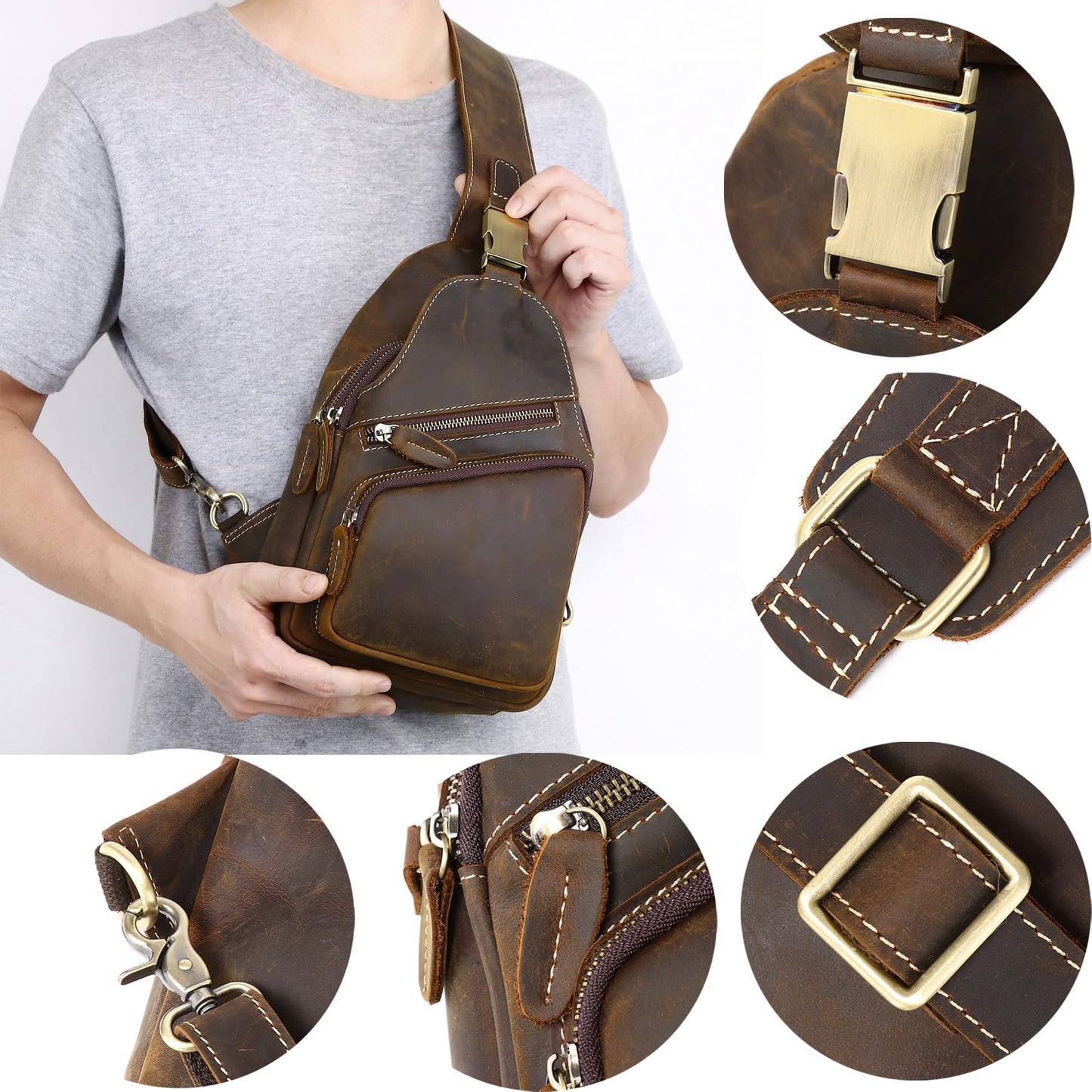Vintage Full Grain Genuine Leather Sling Bag Men Women Crossbody Chest Shoulder Backpack Daypack Travel Hiking Deep Brown