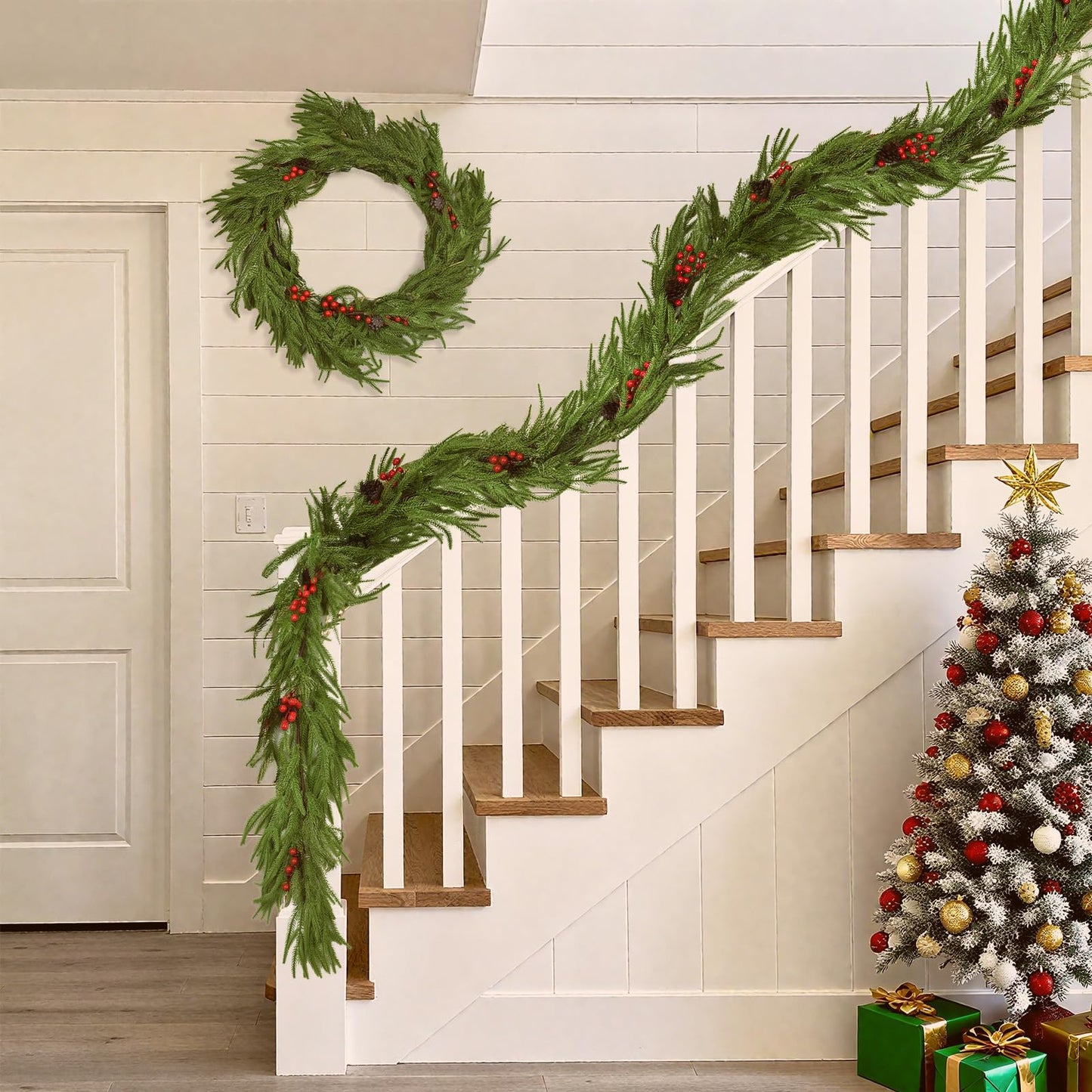 6 FT Christmas Norfolk Pine Garland Real Touch Artificial Greenery Garland Faux Pine Garlands for Mantel Fireplace Table Stairs Indoor Outdoor Christmas Decor, Bonus Gold Ribbon with LED Lights