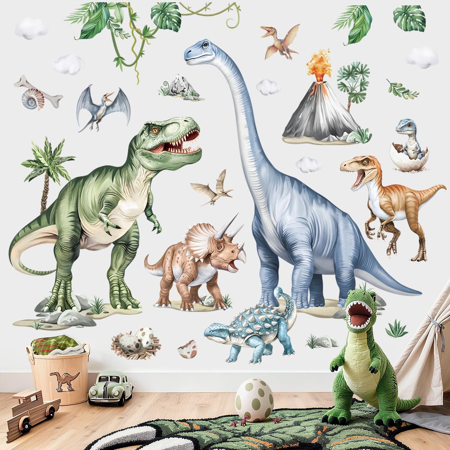 wondever Large Dinosaur Wall Stickers Watercolor Tropical Animals Dino Plants Volcano Wall Art Decals for Boys Room Baby Nursery Kids Bedroom