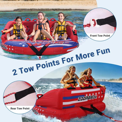 ZOOMBROS Towable Tubes for Boating 2-3 Person, Front/Back Tow Points Sofa Style Boat Tubes and Towables, Holds 340-510 lbs Large Capacity, Premium Nylon Cover for Adults