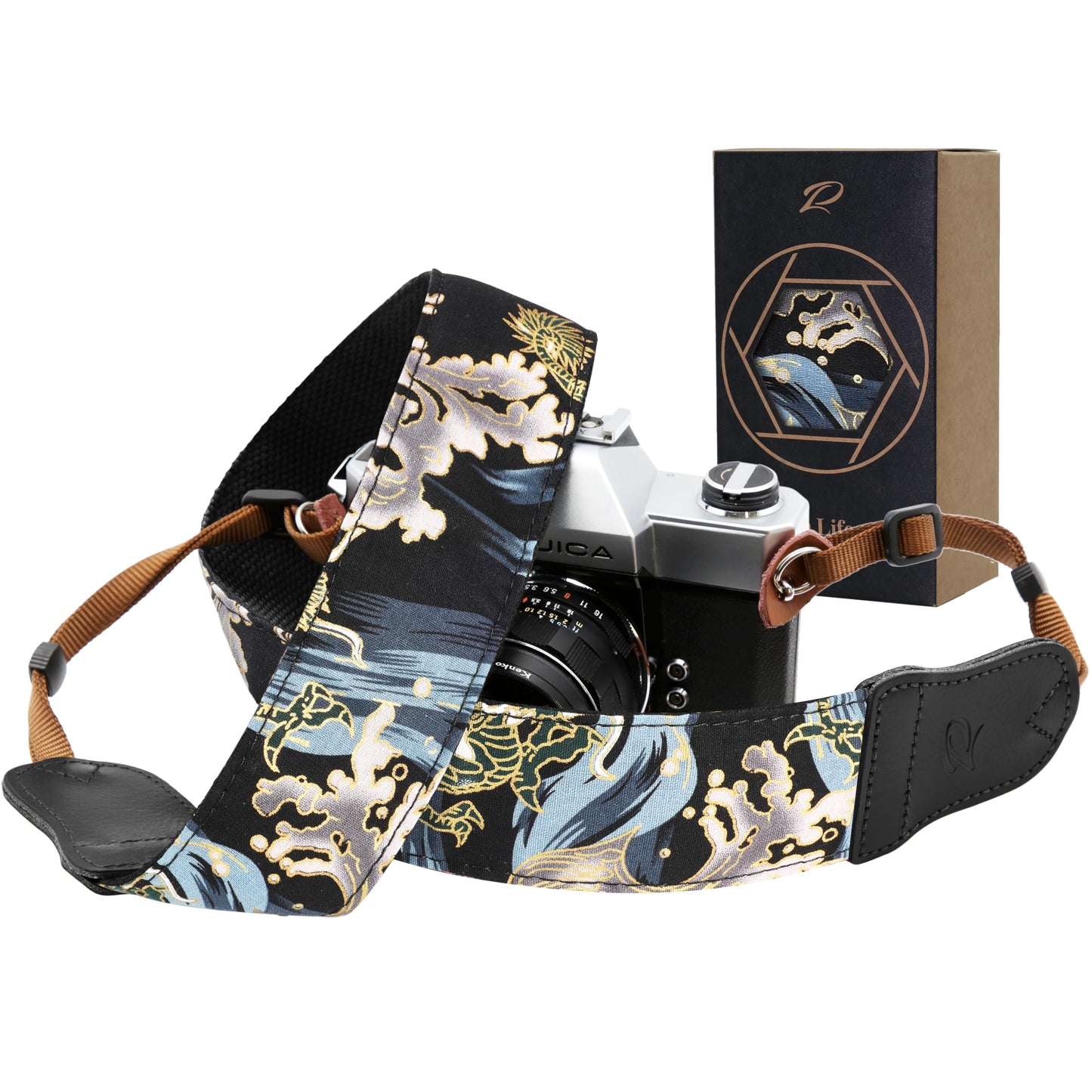 Padwa Lifestyle Blue Wave Camera Strap - 2" Cowhide Leather Head Cotton Camera Straps for Photographers,Vintage Japanese Art Print Adjustable Neck & Shoulder Strap for ALL DSLR/SLR Cameras