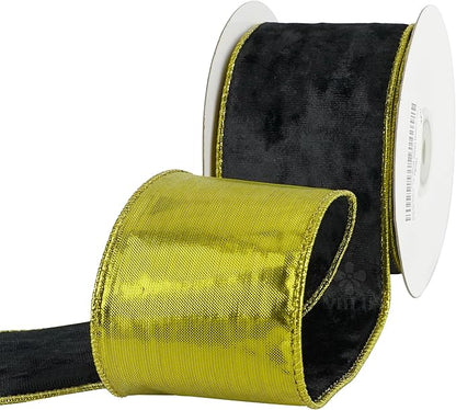 MEEDEE Black and Gold Velvet Ribbon 2.5 inch with 10 Yards Spool Two Tone Velvet Wired Ribbon for Gift Wrapping, Halloween Wreaths, Christmas Tree, Large Bow, Crafts Supply