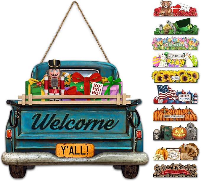 Interchangeable Welcome Sign for Front Door Blue Farmhouse Truck Decor Hanging Sign with 11 Interchangeable Seasonal and Holiday Decor Signs 12x14 in. (Blue Farmhouse Truck)