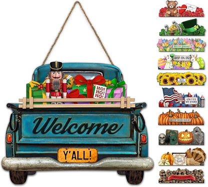 Interchangeable Welcome Sign for Front Door Blue Farmhouse Truck Decor Hanging Sign with 11 Interchangeable Seasonal and Holiday Decor Signs 12x14 in. (Blue Farmhouse Truck)