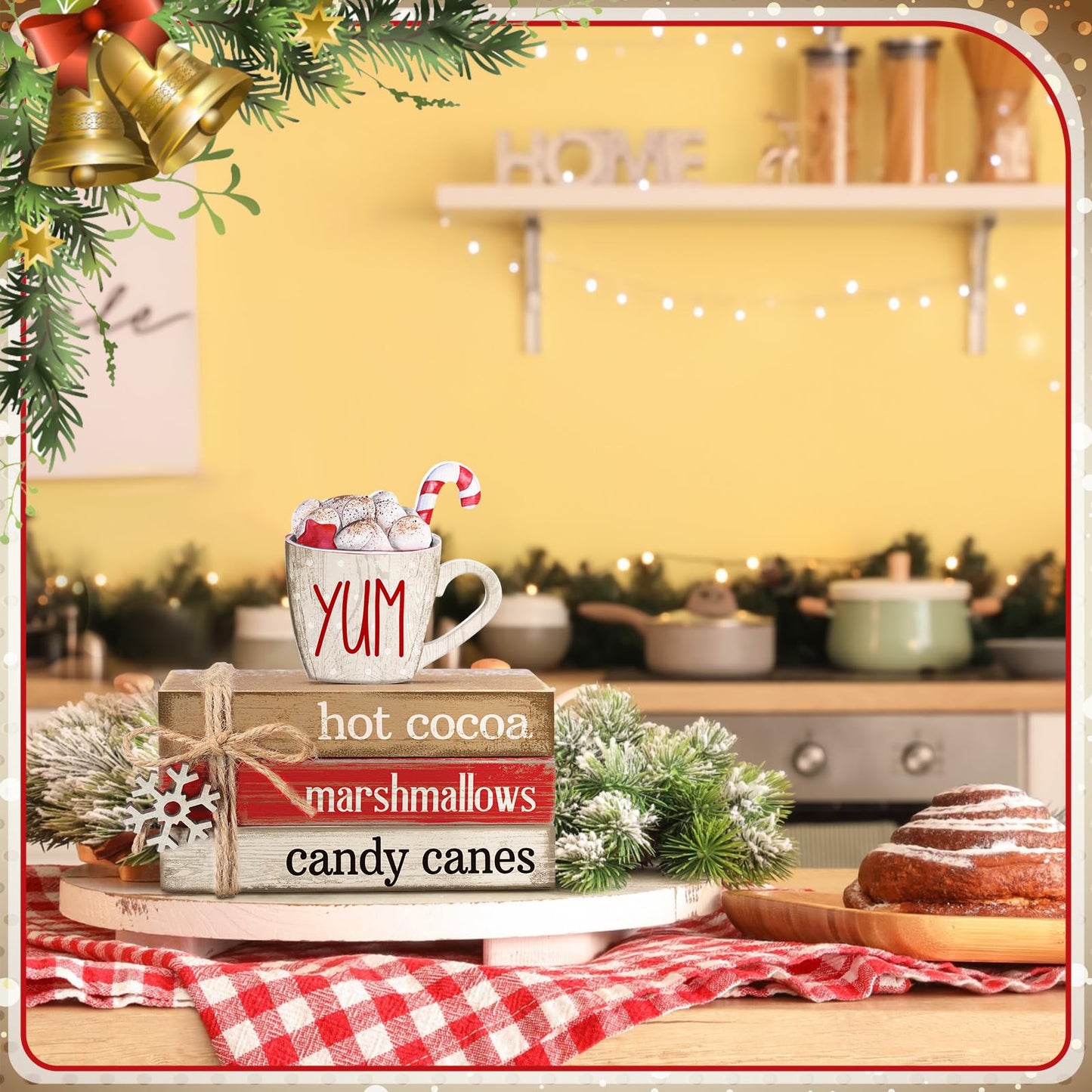 Anglechic 4 Pcs Christmas Table Decorations Winter Snowflake Tiered Tray Decorations Decorative Mini Wooden Books Subject Signs Block Centerpiece for Office Tabletop Shelf Housewarming Gifts