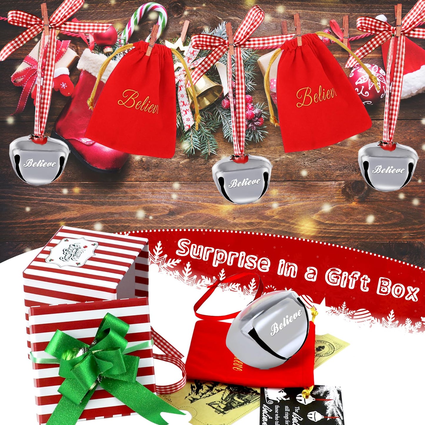 4 Set Polar Express Decorations Gift Box, Christmas Believe Bell Ornaments, 2.3" x 2.7" Sleigh Bell with Personalized Train Ticket and Red Bag