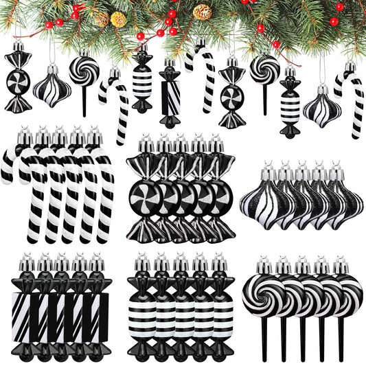 Realspring 30 Pcs Christmas Candy Ornaments Peppermint Candy Cane Christmas Decorations Plastic Lollipop Hanging Ornaments with Rope for Xmas Tree Party Holiday Supplies(Black White)