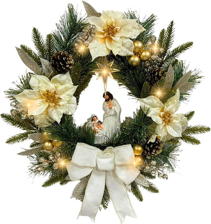 22 Inch Pre-Lit Artificial Christmas Wreath with White Artificial Poinsettia Flowers Jesus Figurine Nativity Scene Glitter Ball Ornaments PineCones Berries for Christmas Decor Front Door