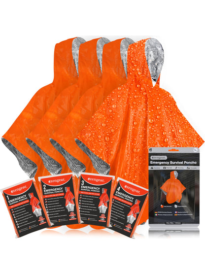 Emergency Survival Foil Poncho (4 Pack) Reversible Thermal Mylar, Orange