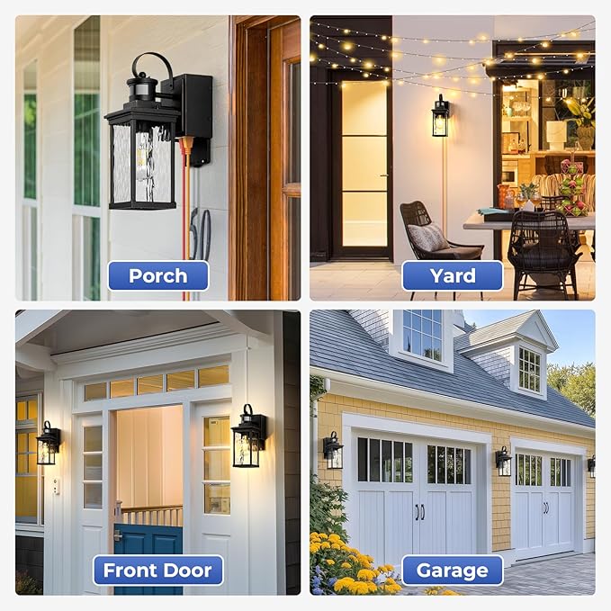 Front Porch Lights Outdoor Wall Mount Sconce with GFCI Outlet, Black Gold Trim Motion Sensor Modern Exterior Garage Lighting Fixtures, 100% Aluminum Waterproof Outside House Lights, 2 Pack