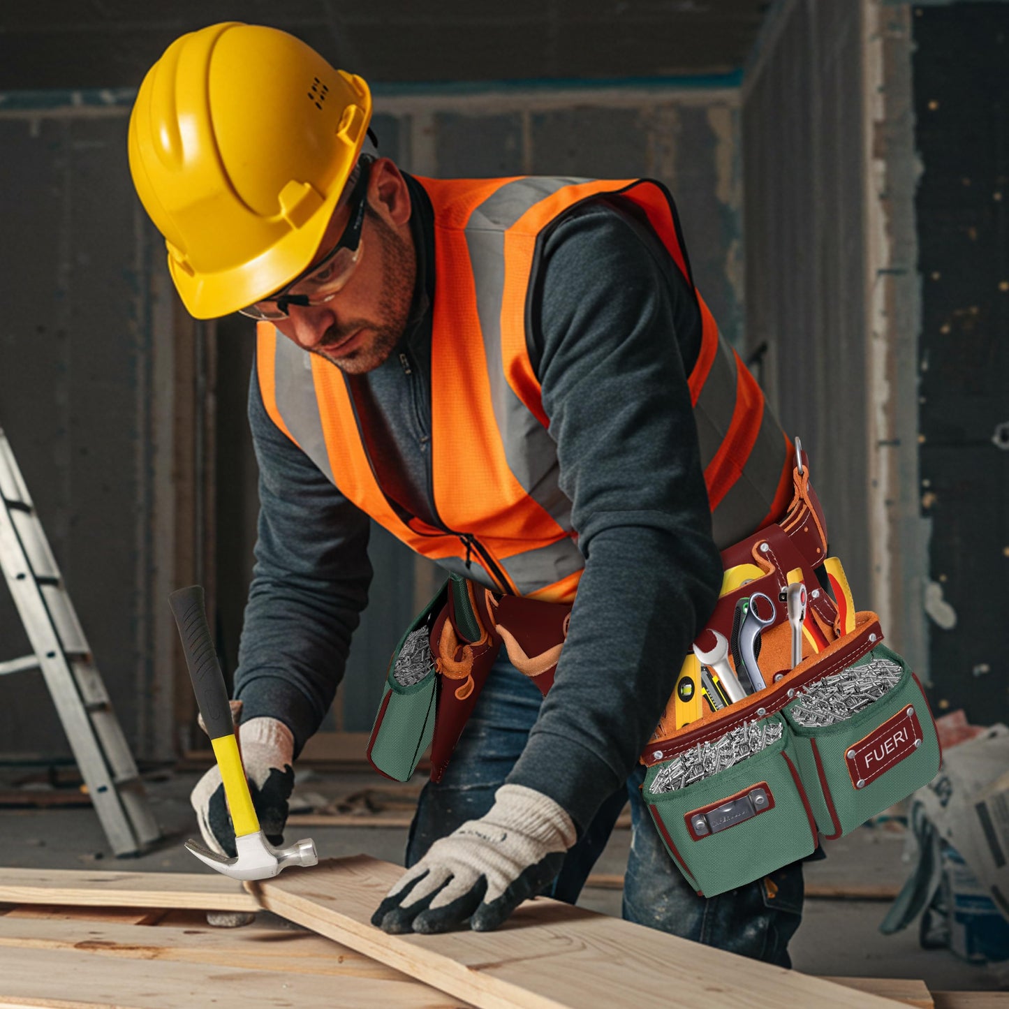 FUERI Electrician's Heavy Duty Tool Belt with Suspender, Made of Thick Leather and Durable Nylon, Comes with Adjustable Padded Tool Belt, Storage Capacity Tool Pouches, Hammer Holder, And Loops.