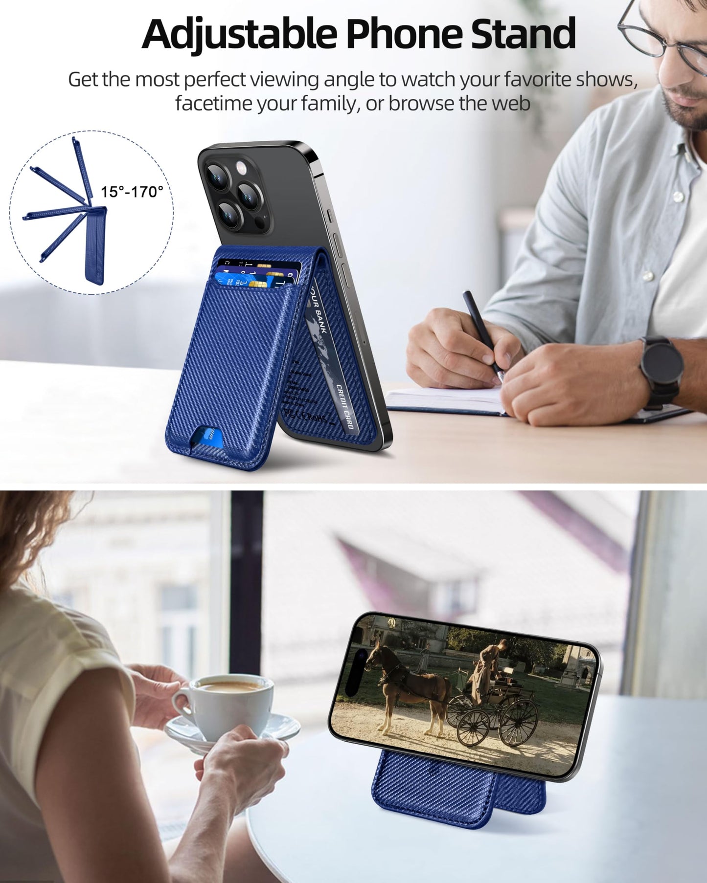 ExtreLife for Magsafe Wallet, Works with Apple Find My, Strongest Magnetic Wallet for iPhone 17/16/15/14/13/12 Series, WalletTracker with Adjustable Stand, 6 Card Holder, Bright Blue