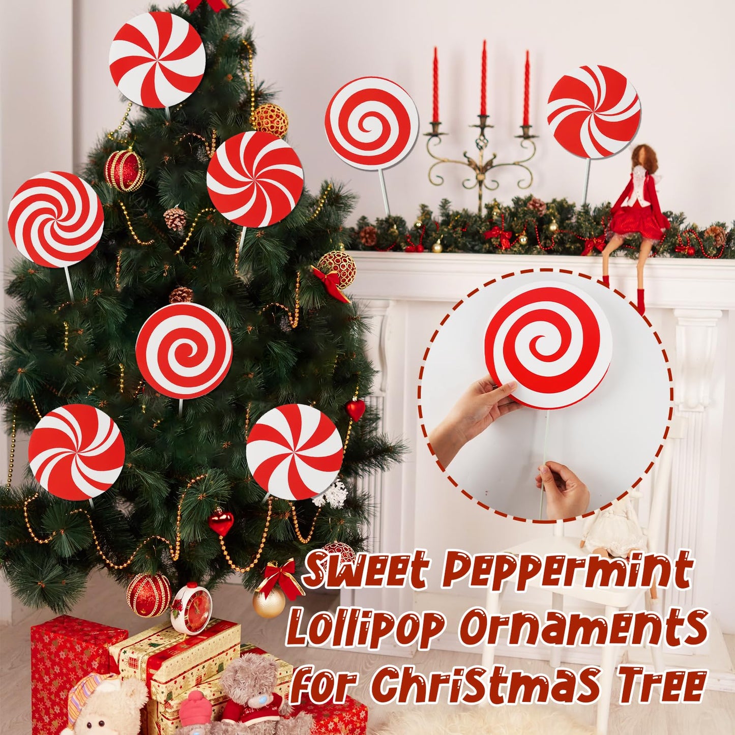 12Pcs Large Candy Christmas Tree Decorations Peppermint Lollipop Christmas Picks for Tree, 7.87" Red and White Candy Ornaments, Plastic Candyland Tree Topper for Xmas Holiday Party Vase Decor
